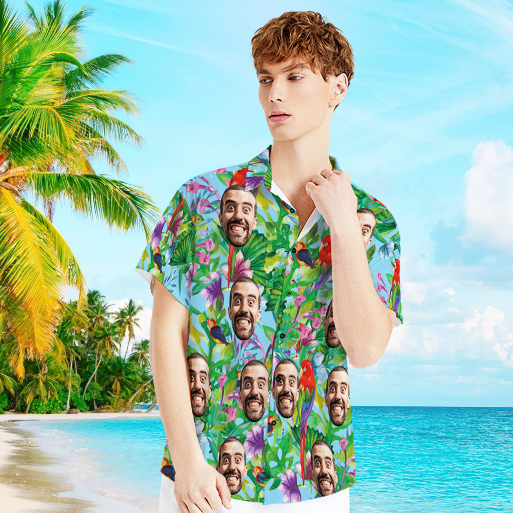 Custom Face Shirt with Text Men's Hawaiian Shirt Colorful Parrot