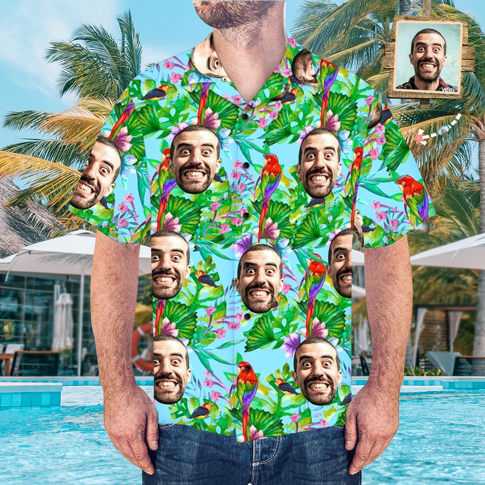 Custom Face Shirt with Text Men's Hawaiian Shirt Colorful Parrot