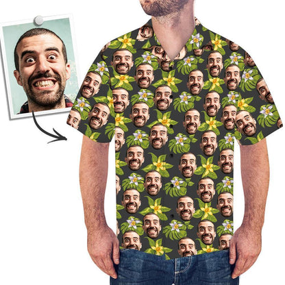 Custom Face Mens Hawaiian Shirt Green Flowers