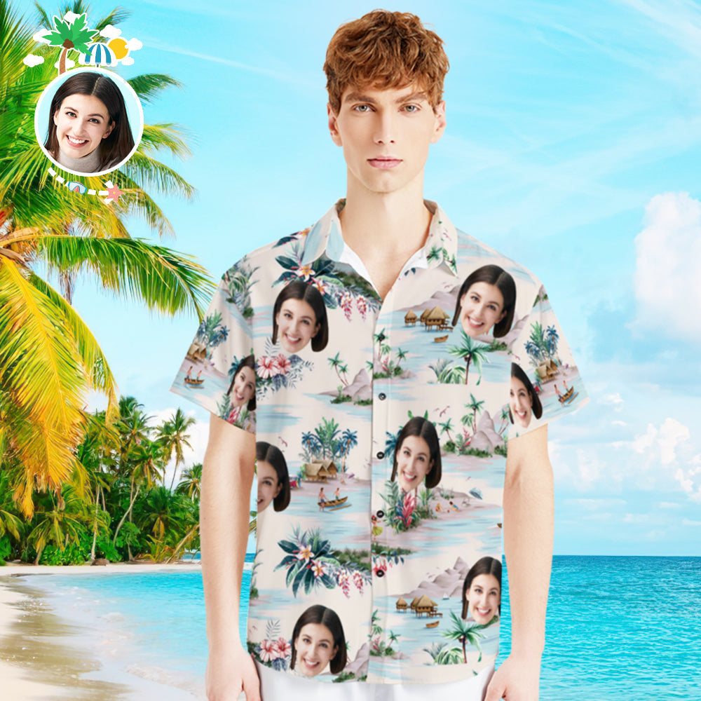 Custom Photo Hawaiian Shirt Parent-child Wears Personalised Face Hawaiian Shirt Gift Sea View