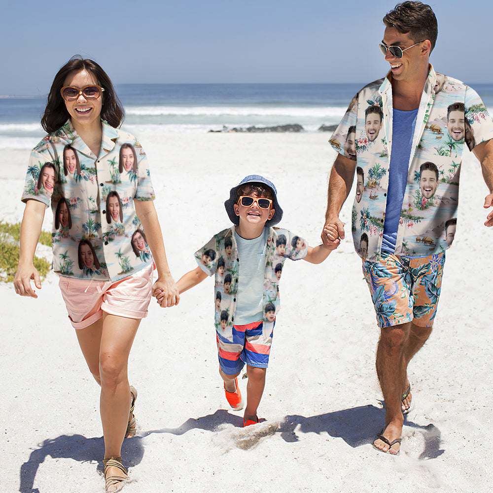 Custom Photo Hawaiian Shirt Parent-child Wears Personalised Face Hawaiian Shirt Gift Sea View