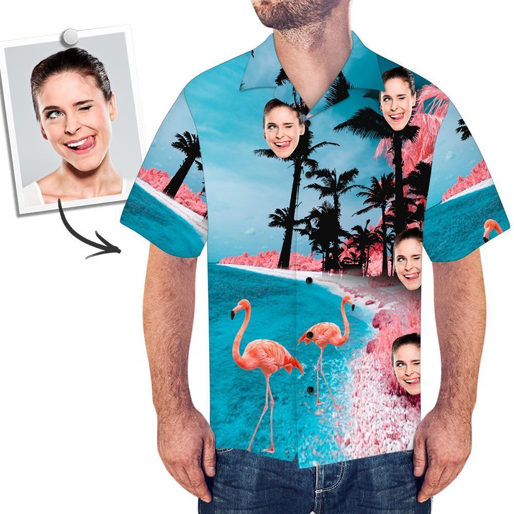 Mens Custom Face Shirt Hawaiian Short Sleeve Seaside Flamingo