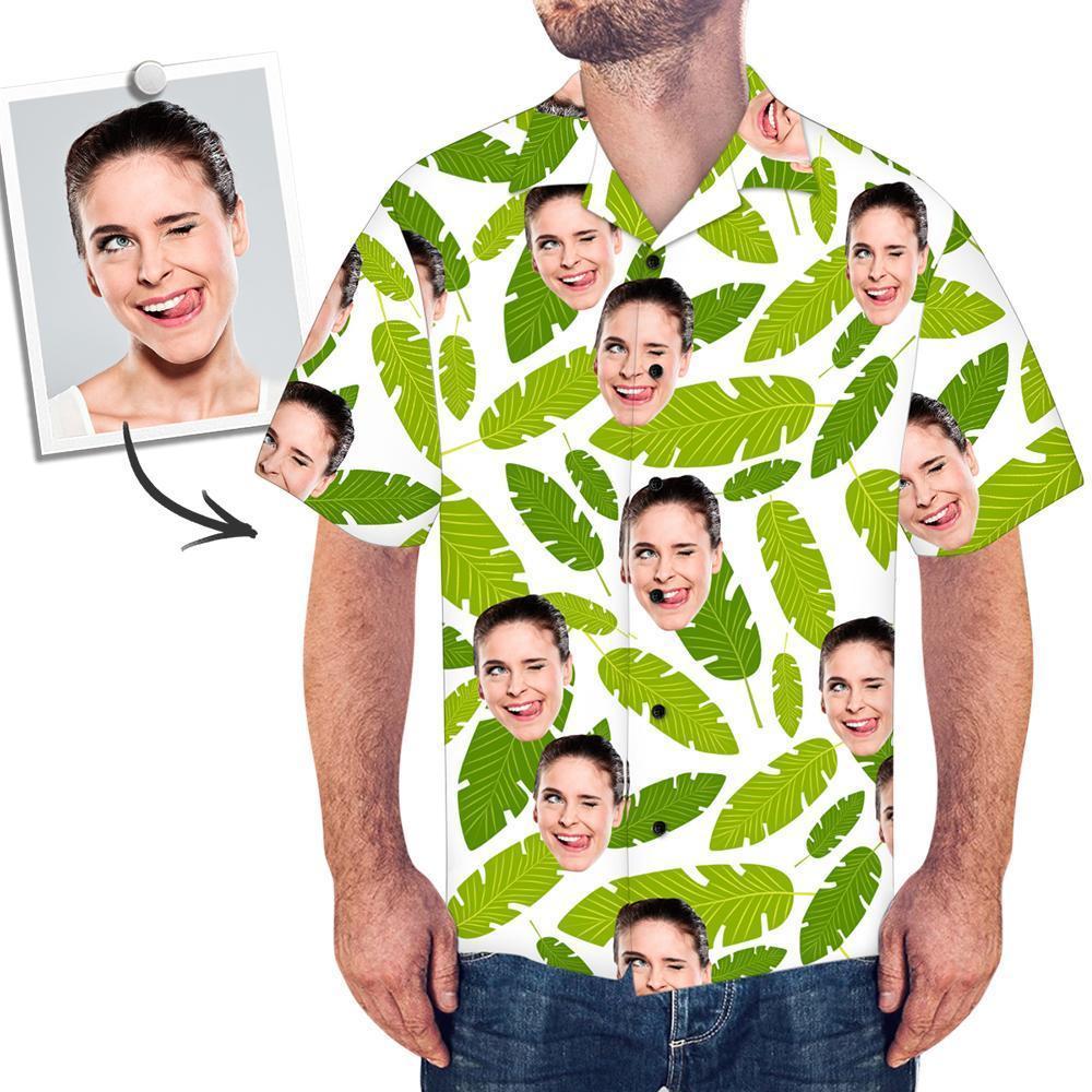 Hawaiian Shirt Personalised Fresh Green Leaves Shirt with Face on It for Man