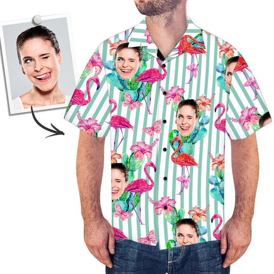 Personalised Face Hawaiian Shirt All Over Print Stripe Flamingo Christmas Gifts