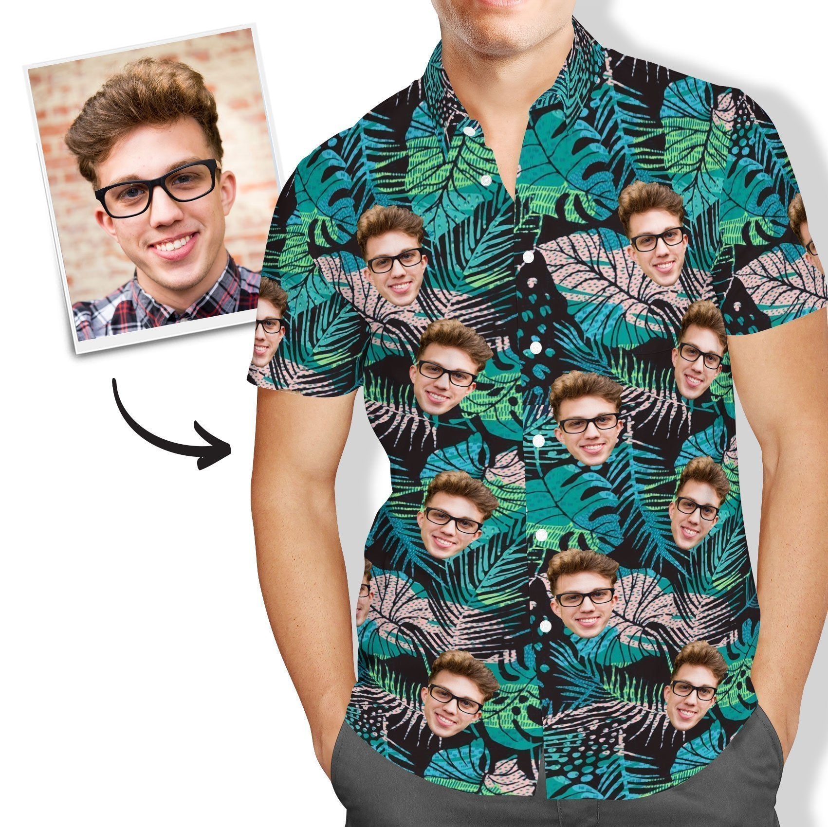 Hawaiian Shirt With Face Large Leaves Short Sleeve For Men Christmas Gifts