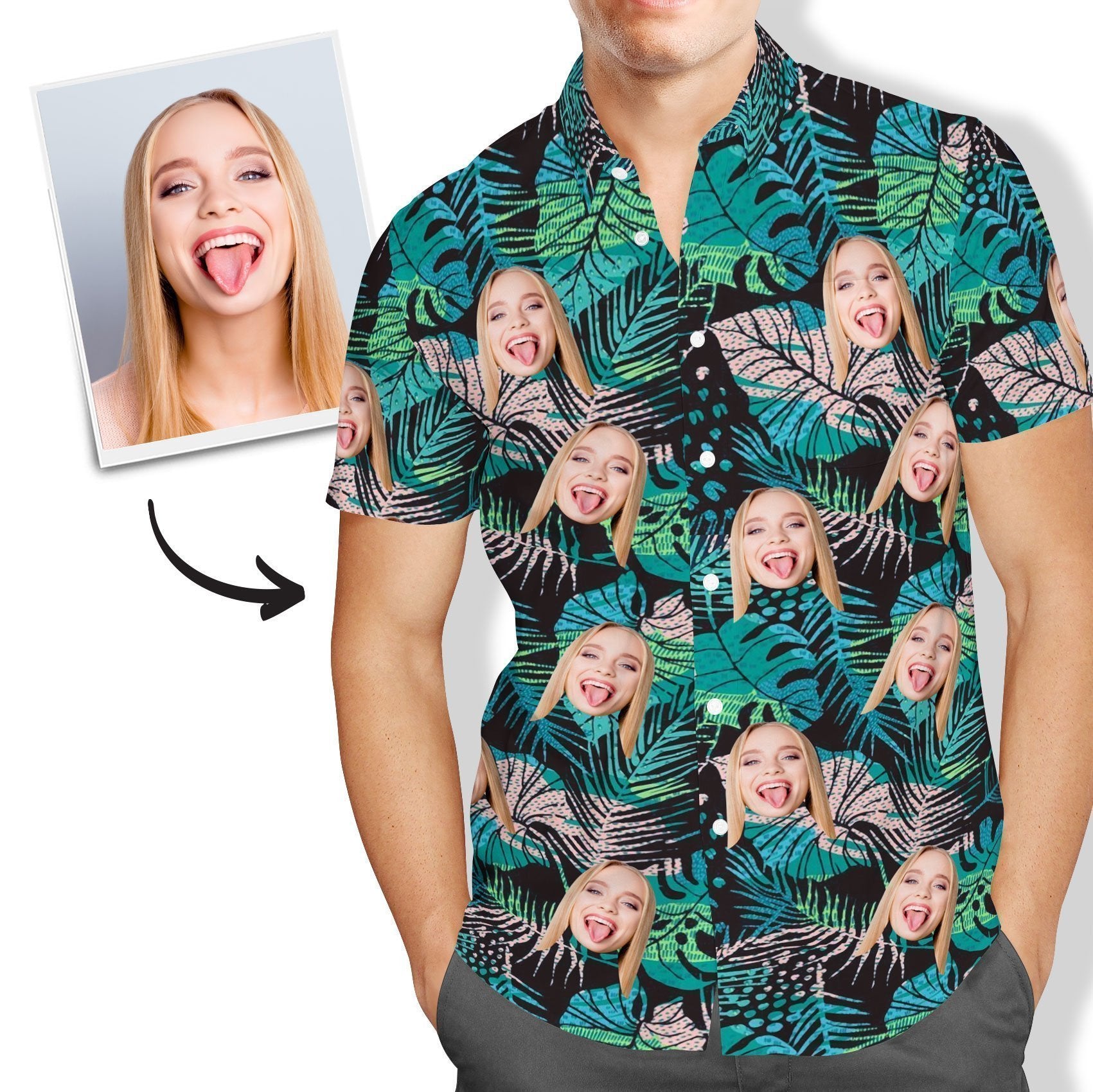 Hawaiian Shirt With Face Large Leaves Short Sleeve For Men Christmas Gifts