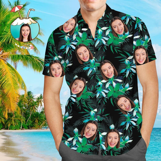 Custom Face All Over Print Hawaiian Shirt Cool Leaves