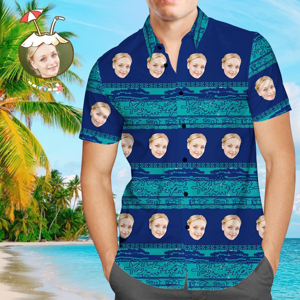 Custom Hawaiian Shirts Funny Muti-face Blue Personalised Aloha Beach Shirt For Men