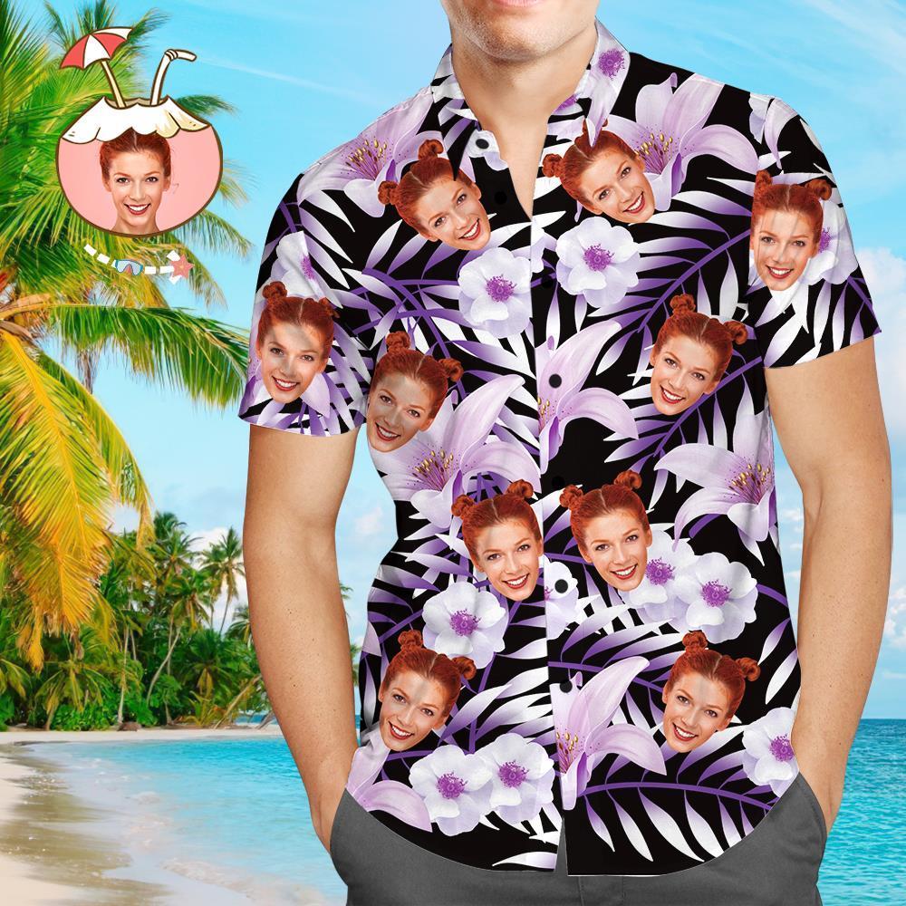 Custom Face Shirt Mens Hawaiian Purple Flowers - Black