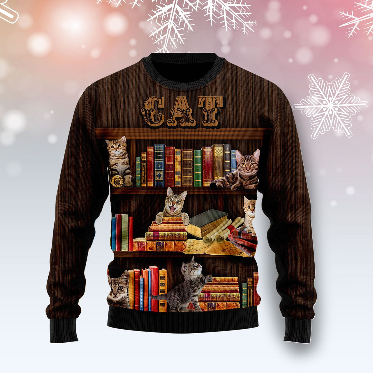 Cat Bookcase Ugly Christmas Sweater 