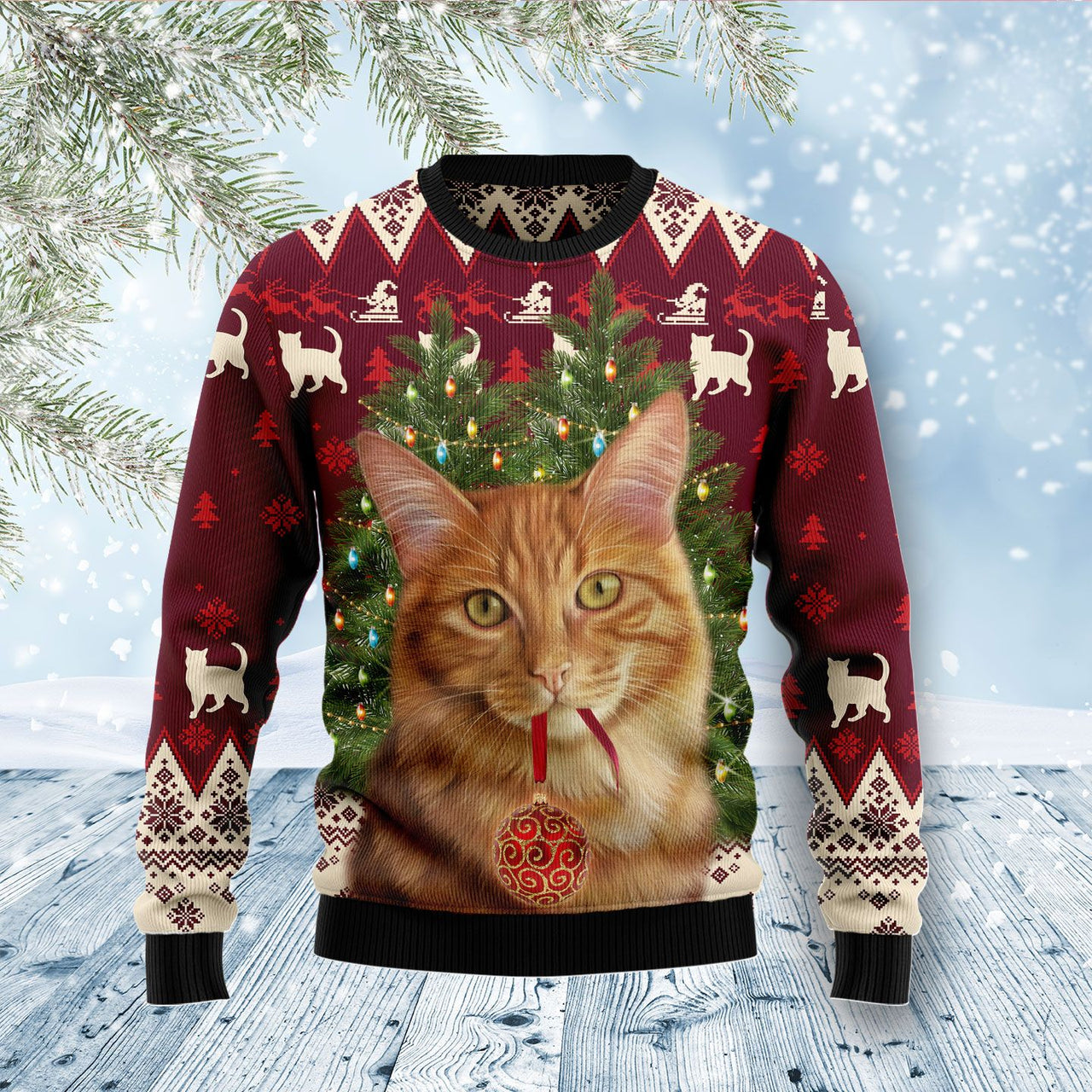 Cat Decor Pine Xmas Ugly Christmas Sweater 