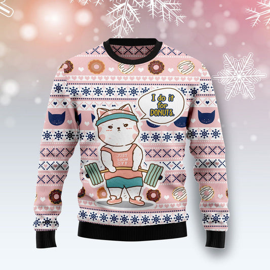 Cat I Do It For Donuts Ugly Christmas Sweater 