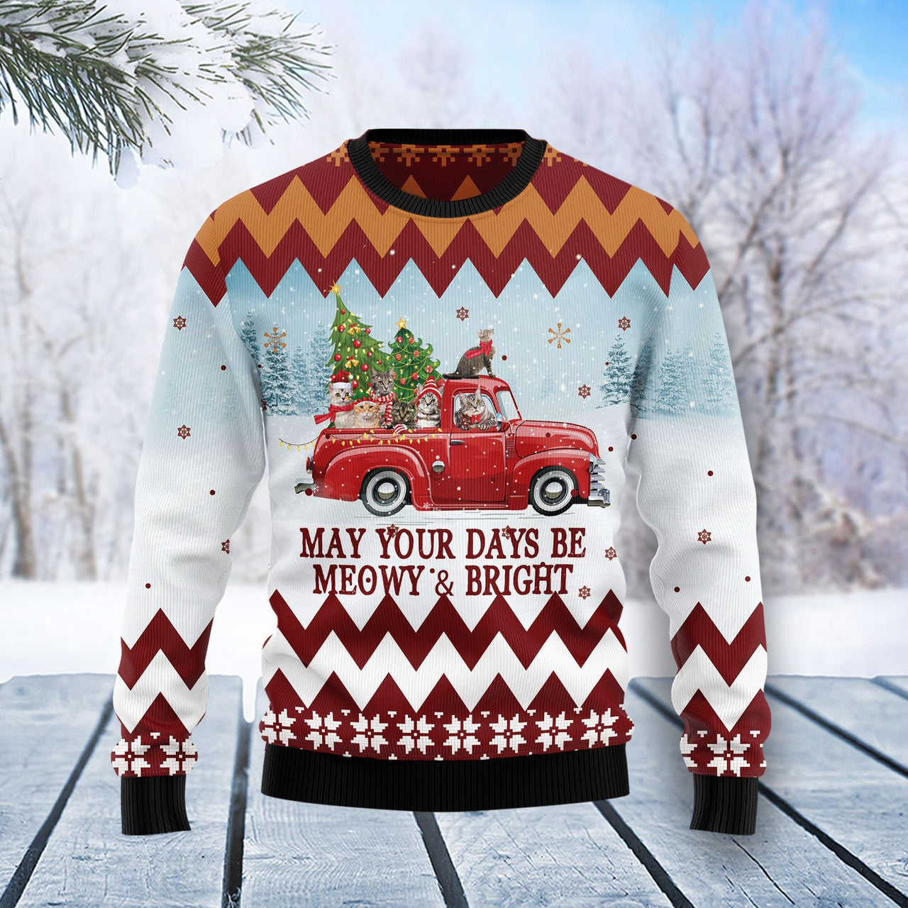 Cat Red Truck Ugly Christmas Sweater 