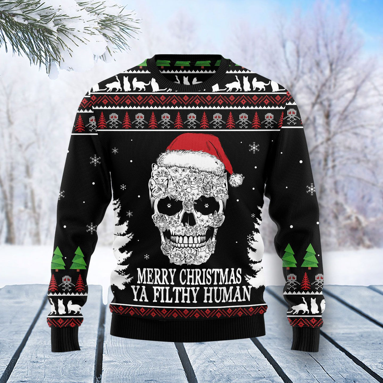 Cat Skull Santa Ugly Christmas Sweater 