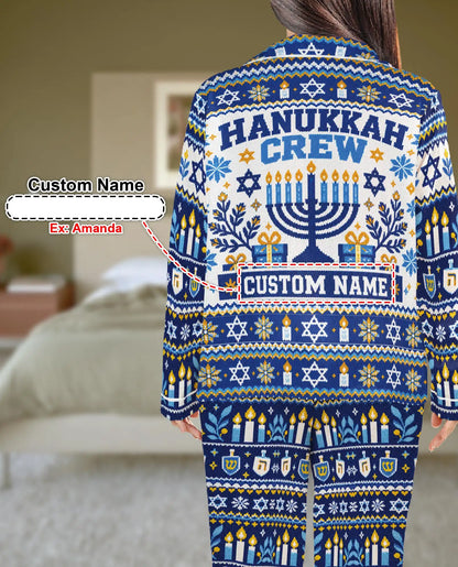 Personalized Hanukkah Crew Pajama Set for Women – Custom Name Navy Blue Menorah Print