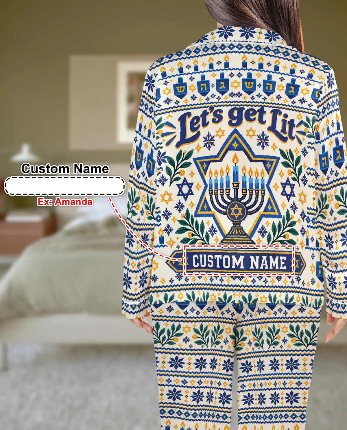 Personalized Let's Get Lit Hanukkah Pajama Set for Women – Custom Name Menorah Print