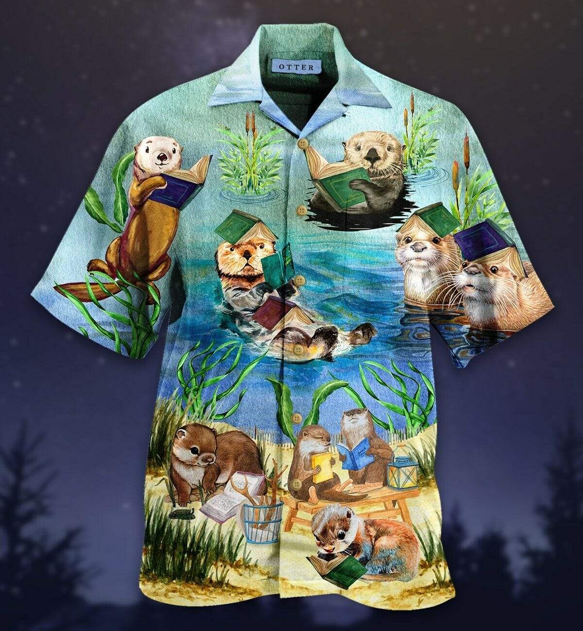 Cute Otter Reading Book Hawaiian Shirt