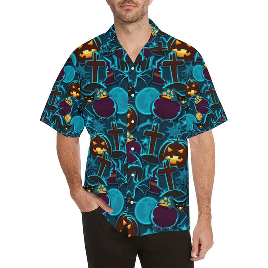 Halloween Pumpkin Cat Pattern Mens All Over Print Hawaiian Shirt