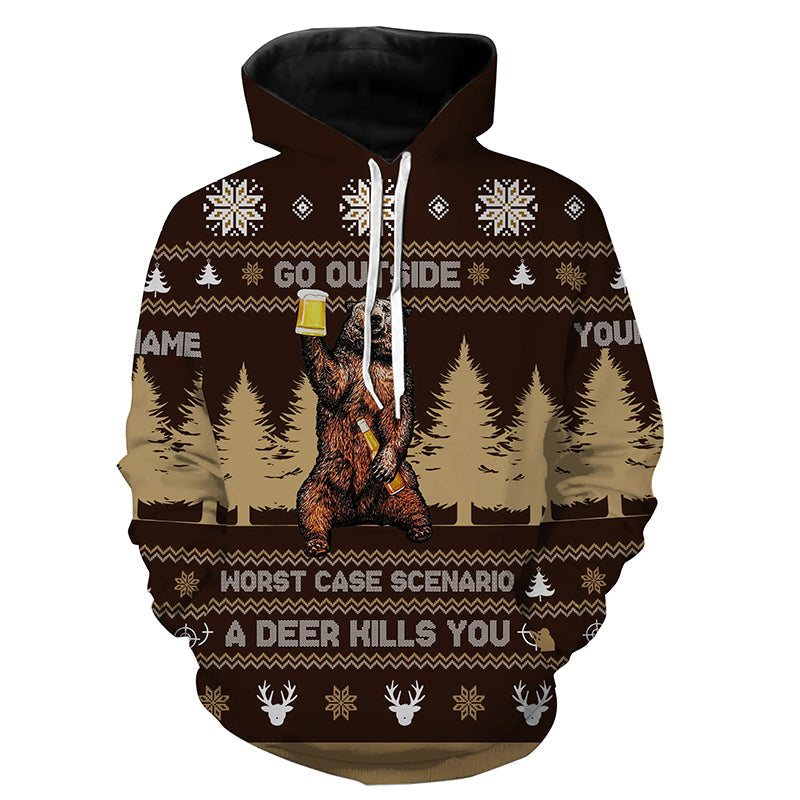 Go Outside Worst Case Scenario A Deer Kills You Ugly Christmas Sweater Customize Name 3D Shirt TTN102