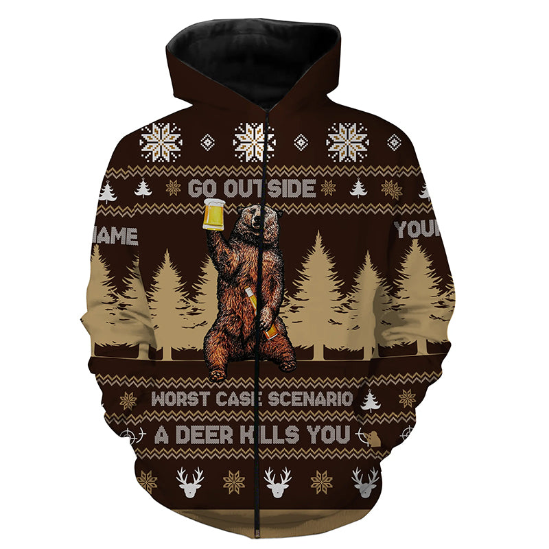 Go Outside Worst Case Scenario A Deer Kills You Ugly Christmas Sweater Customize Name 3D Shirt TTN102