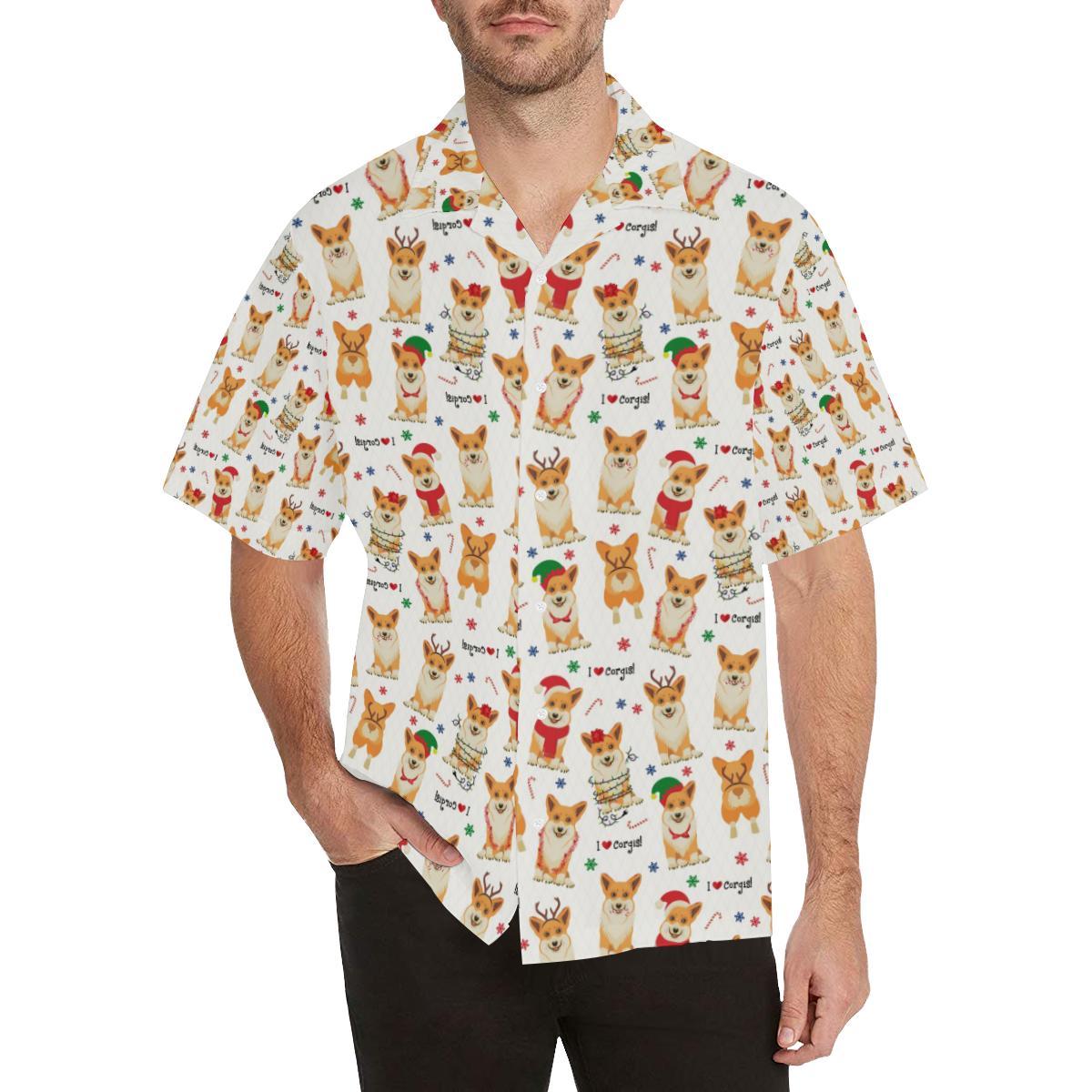 Christmas Corgi Pattern Background Mens All Over Print Hawaiian Shirt