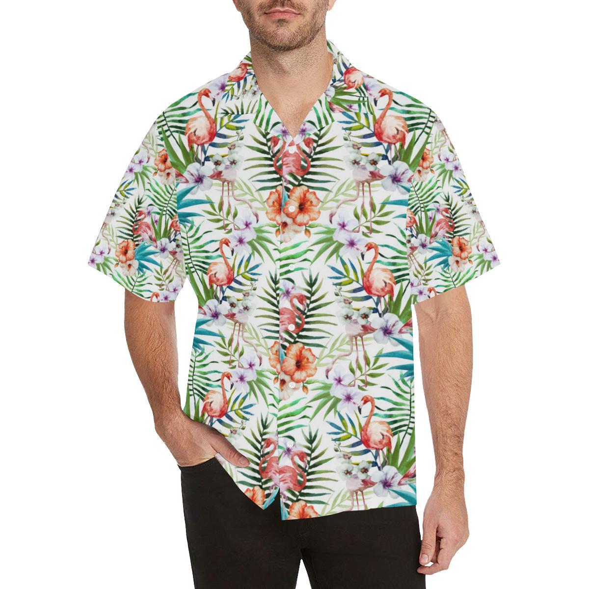 Flamingo Flower Leaves Pattern Mens All Over Print Hawaiian Shirt