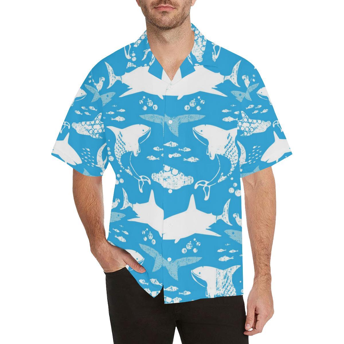 Shark Pattern Blue Theme Mens All Over Print Hawaiian Shirt