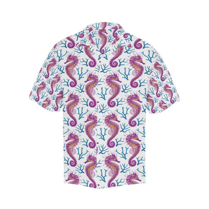 Purple Seahorse Blue Coral Pattern Mens All Over Print Hawaiian Shirt