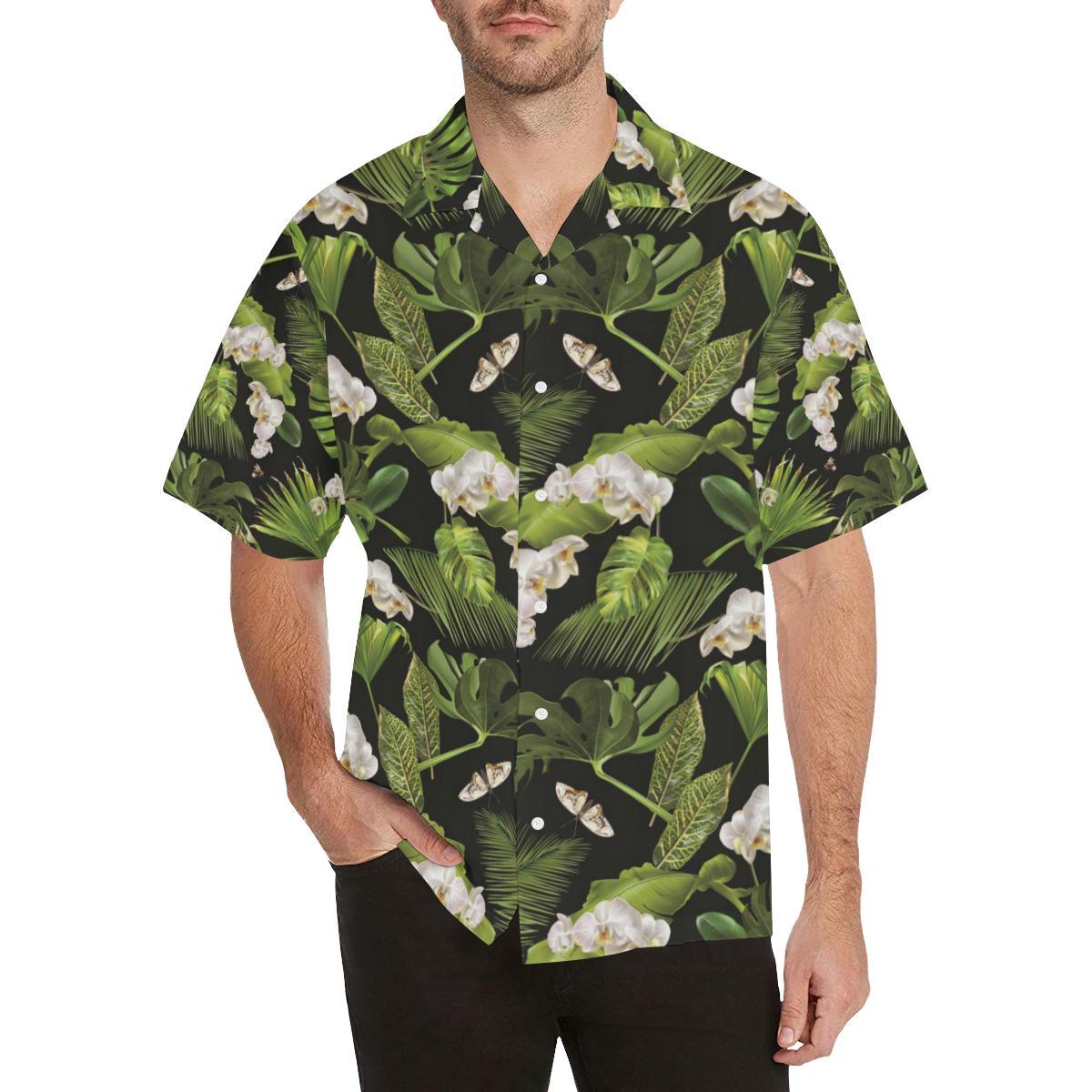 White Orchid Flower Tropical Leaves Pattern Blackg Mens All Over Print Hawaiian Shirt