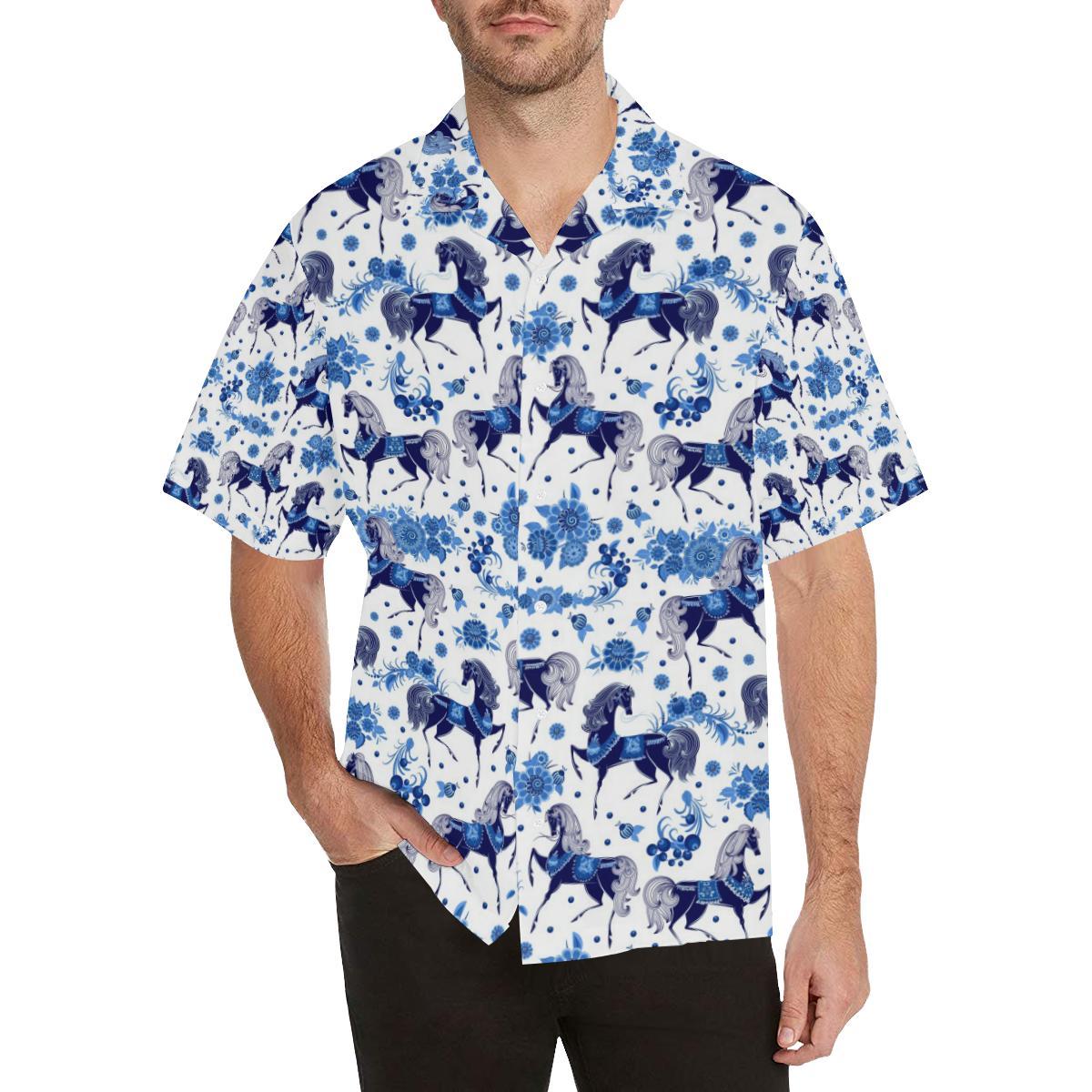 Horse Flower Blue Theme Pattern Mens All Over Print Hawaiian Shirt