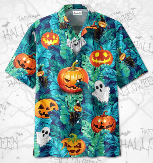 Tropical Halloween Pumpkin Ghost Devil Hawaiian Aloha Shirts