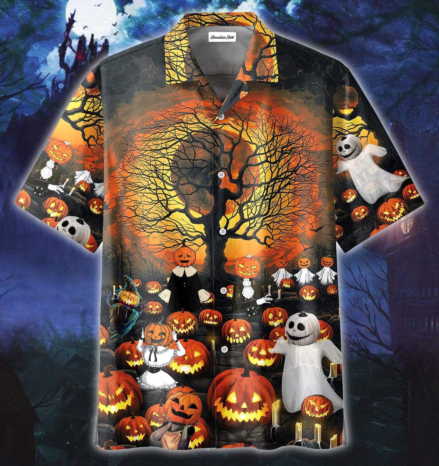 Devil Pumpkin under Halloween Moon Unisex Hawaiian Shirts