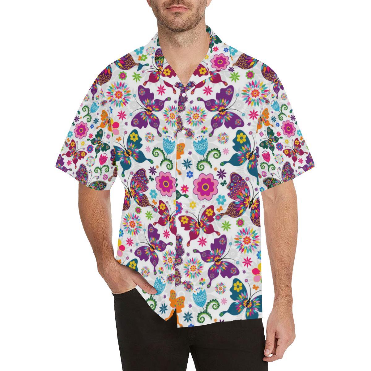 Colorful Butterfly Flower Pattern Mens All Over Print Hawaiian Shirt