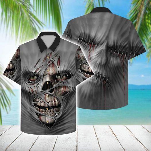 Halloween - Scary Skull Grey Hawaiian Aloha Shirts