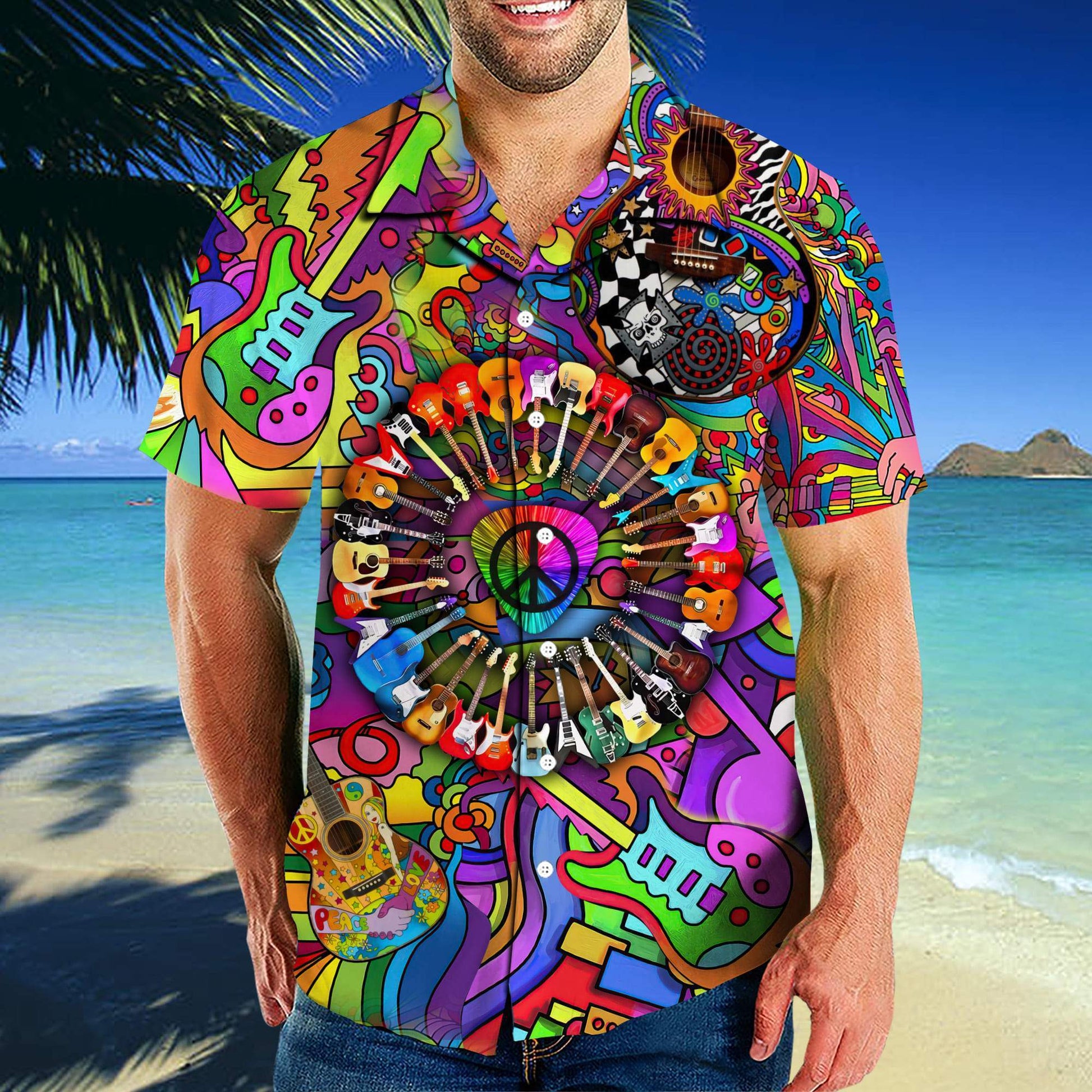 Amazing Guitar Hippie Color Hawaii Shirt Ml Hawaiian