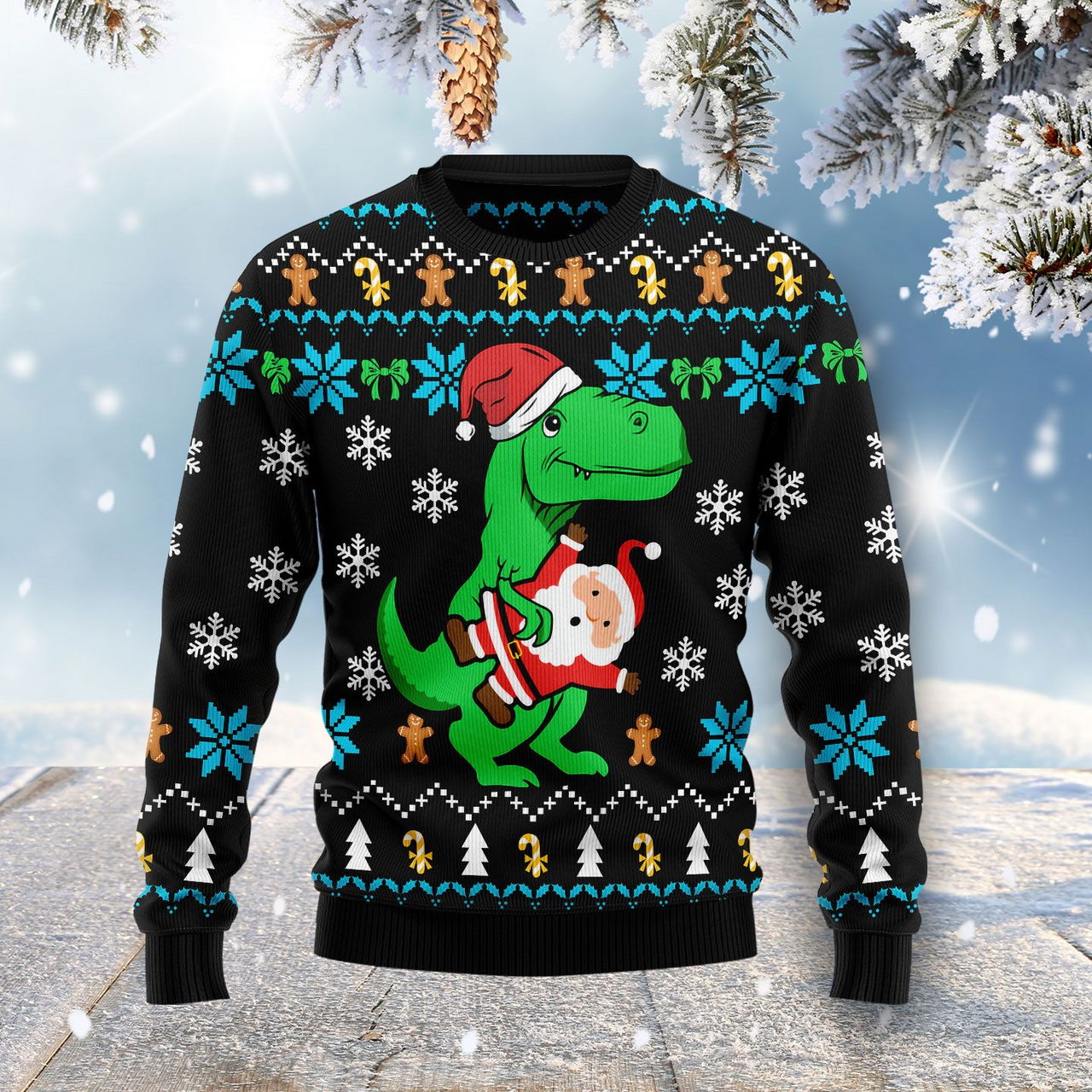 Dinosaur And Santa Claus Ugly Christmas Sweater 