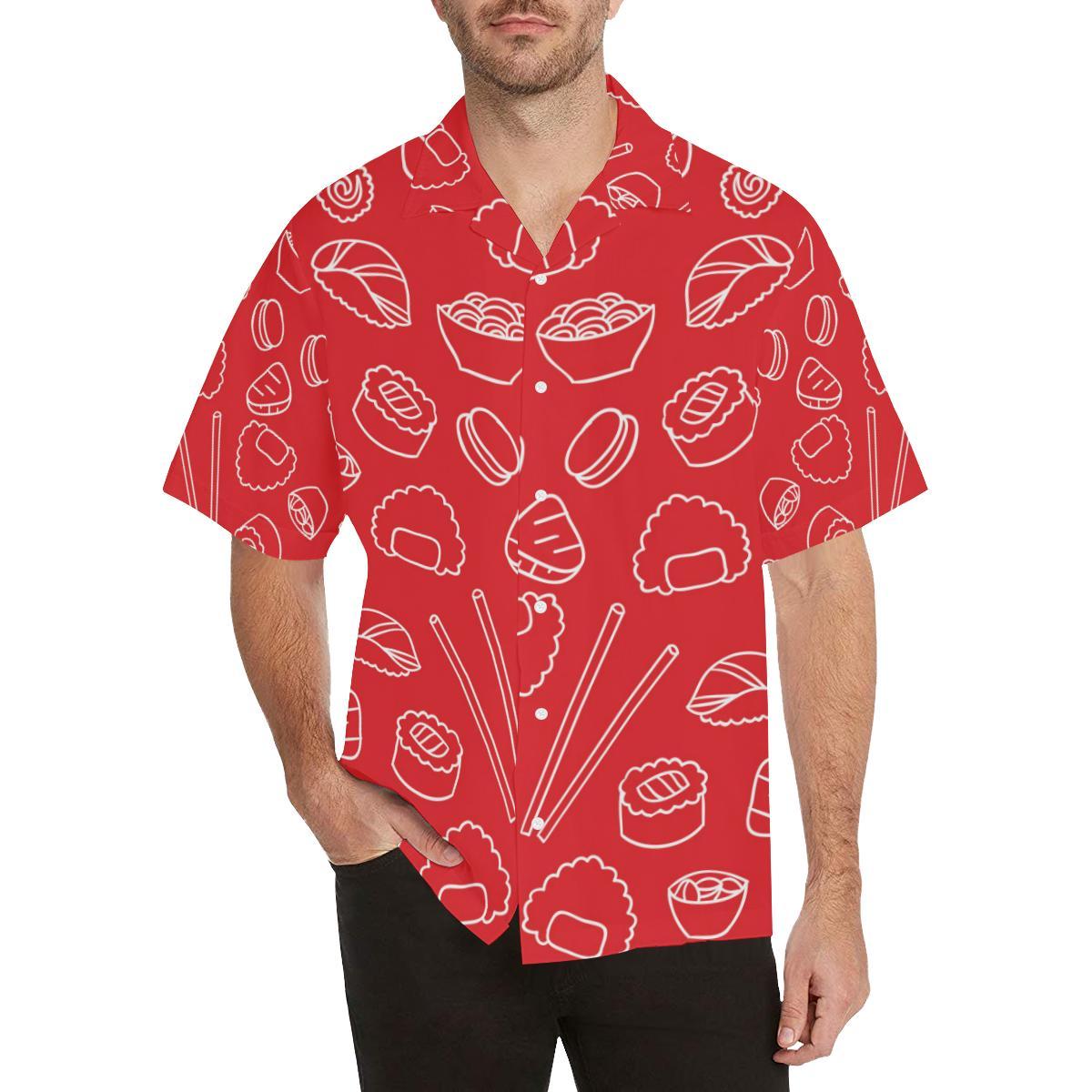 Sushi Pattern Red Background Mens All Over Print Hawaiian Shirt