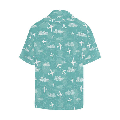 Airplane Cloud Pattern Green Background Mens All Over Print Hawaiian Shirt