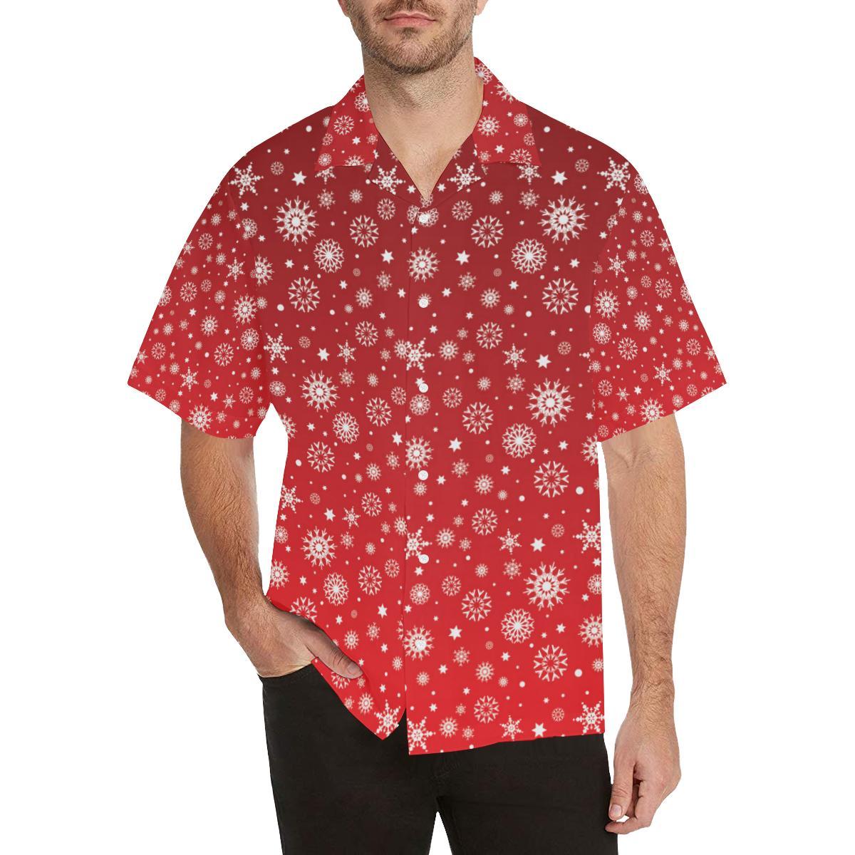Snowflake Pattern Red Background Mens All Over Print Hawaiian Shirt