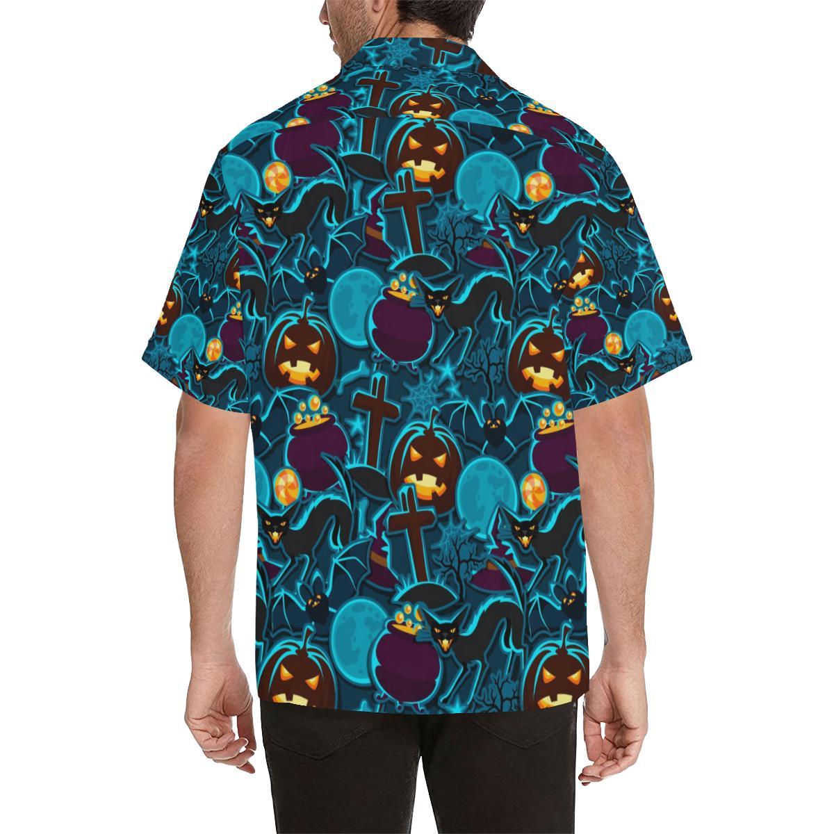 Halloween Pumpkin Cat Pattern Mens All Over Print Hawaiian Shirt