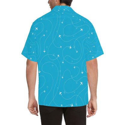 Airplane Destinations Blue Background Mens All Over Print Hawaiian Shirt