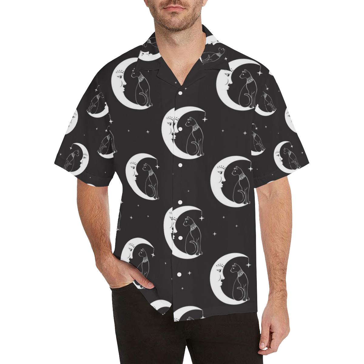 Moon With Cat Pattern Print Design Hawaiian Shirt