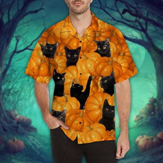 Halloween Black Cat With Pumpkins Hawaiian Shirt