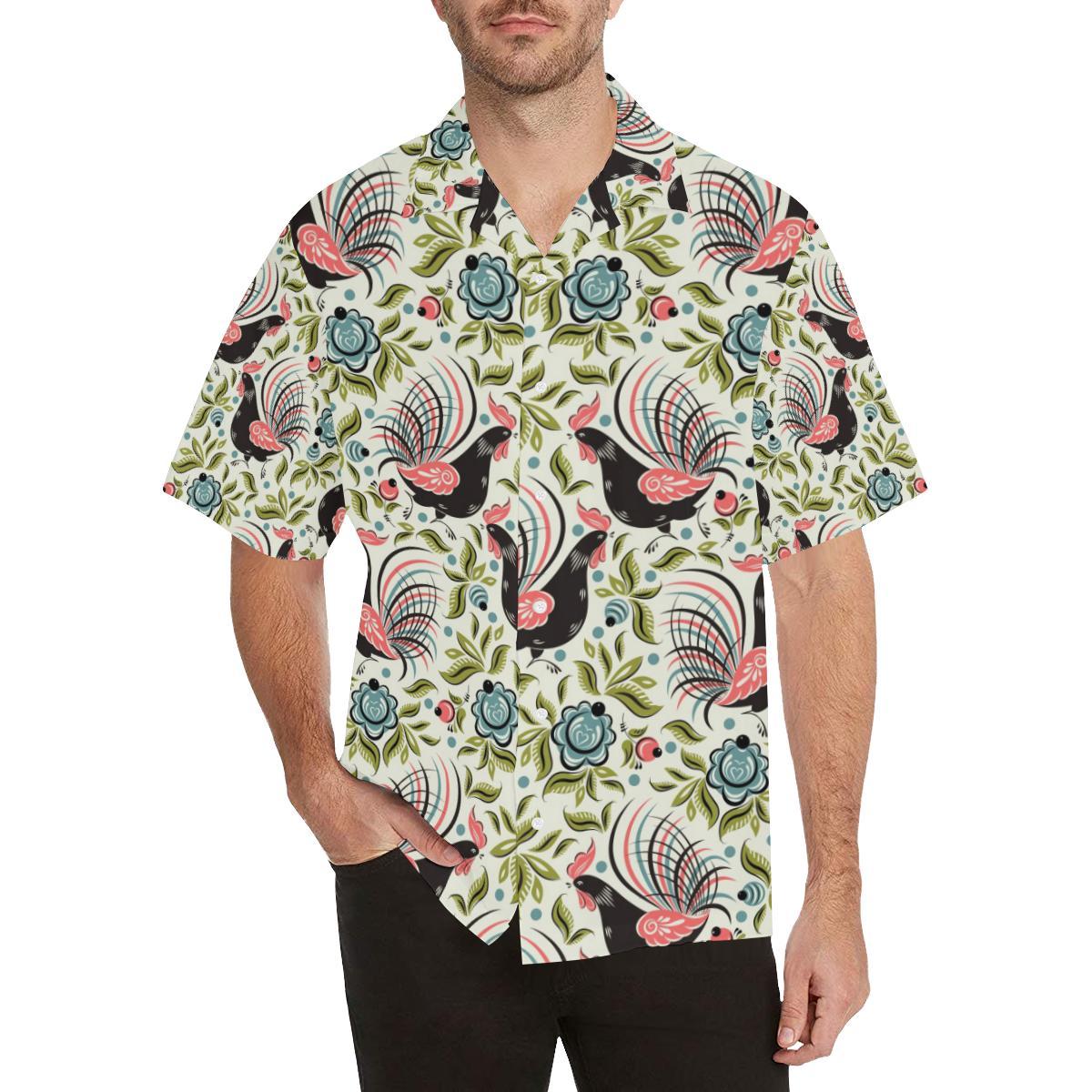 Rooster Chicken Leaves Pattern Mens All Over Print Hawaiian Shirt