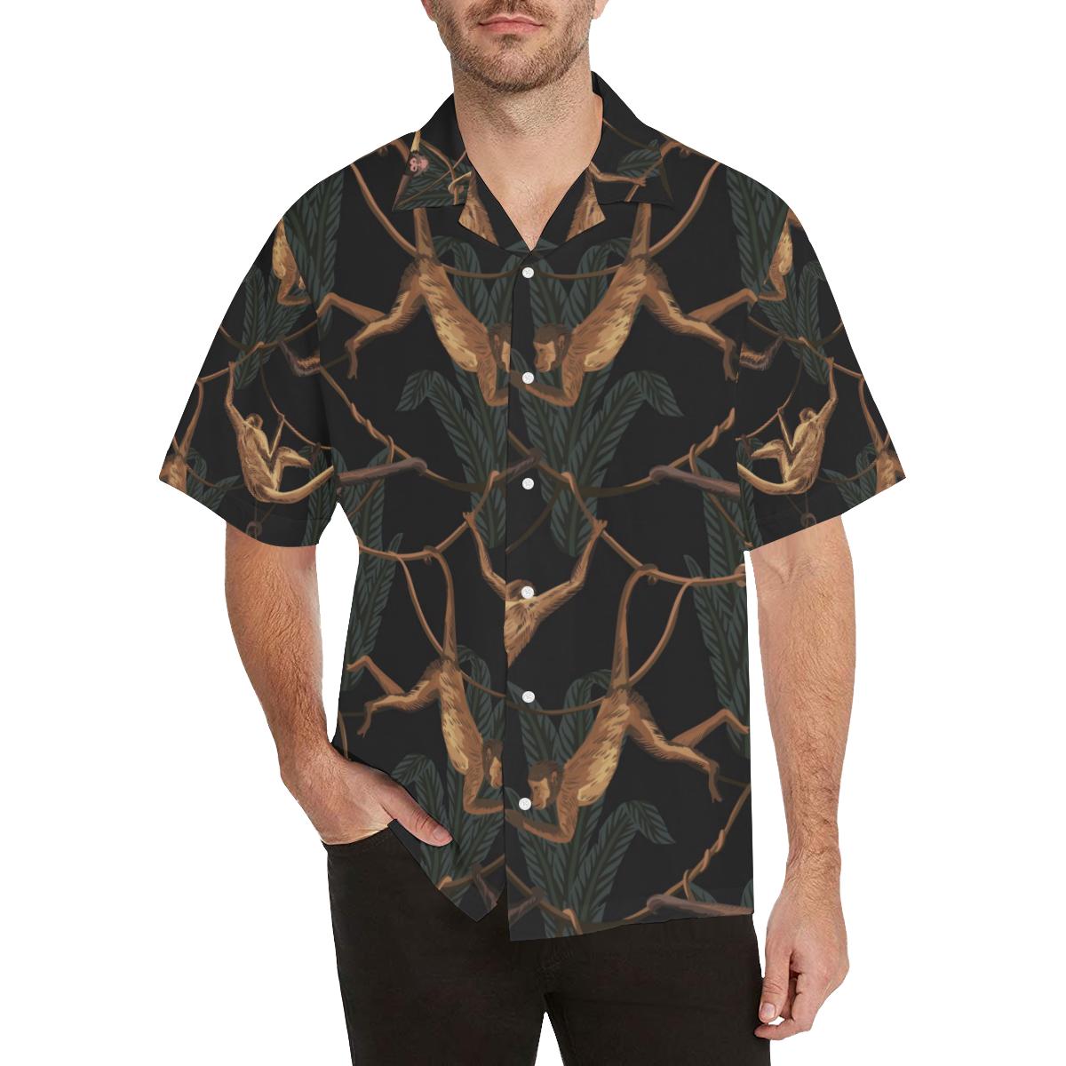 Monkey Pattern Black Background Mens All Over Print Hawaiian Shirt
