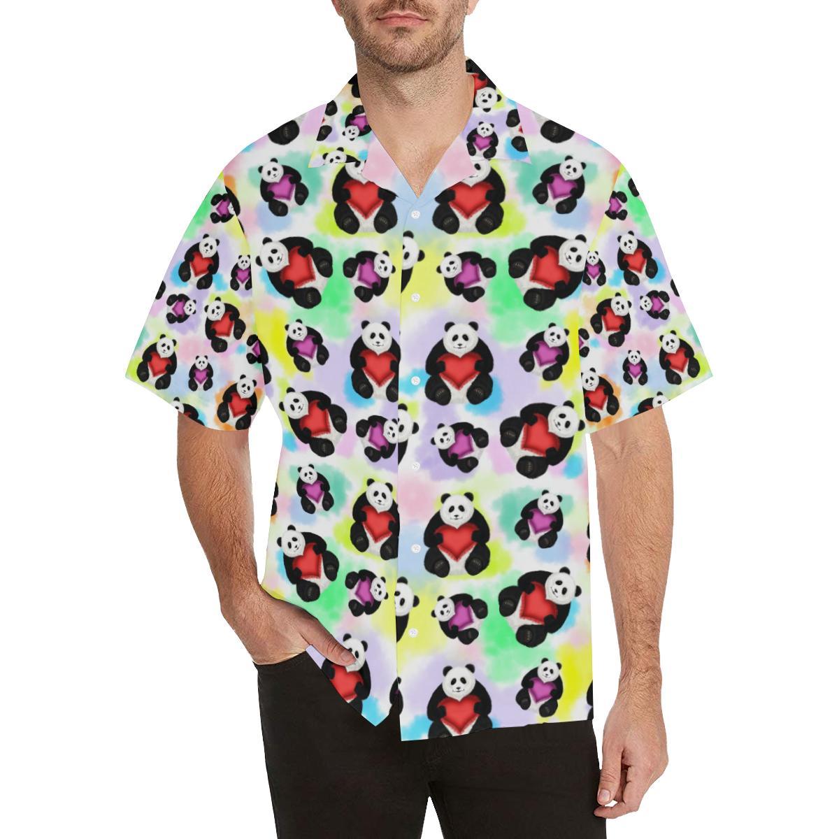Panda Cute Heart Pattern Mens All Over Print Hawaiian Shirt