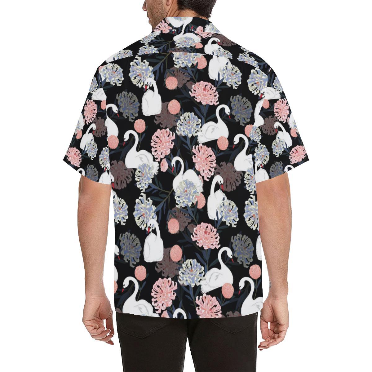 White Swan Blooming Flower Pattern Mens All Over Print Hawaiian Shirt