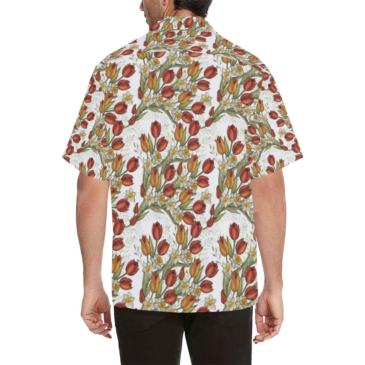 Red Tulips And Daffodils Pattern Mens All Over Print Hawaiian Shirt
