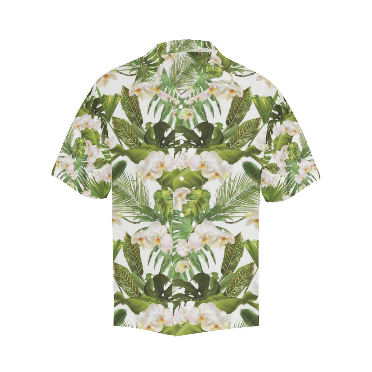 White Orchid Flower Tropical Leaves Pattern Mens All Over Print Hawaiian Shirt