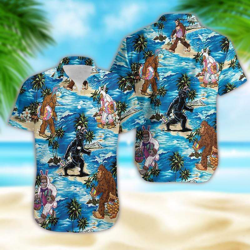 Happy Easter 2021 Bunny Bigfoot Surfing Sunset Summer Unisex Hawaiian Aloha Shirts #DH